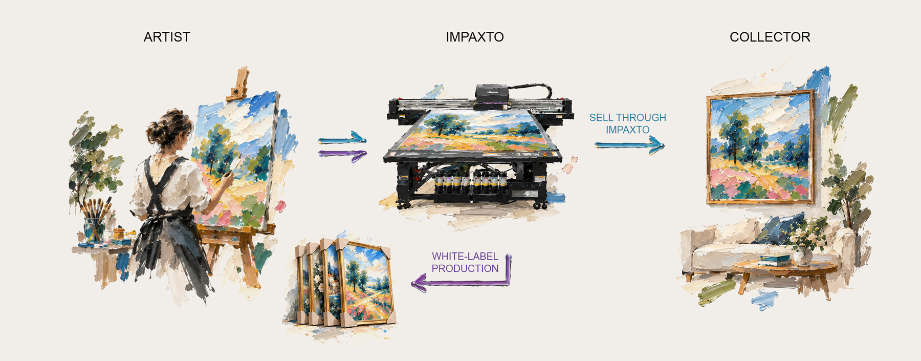 Artist, Impaxto, and collector diagram showing two production pathways